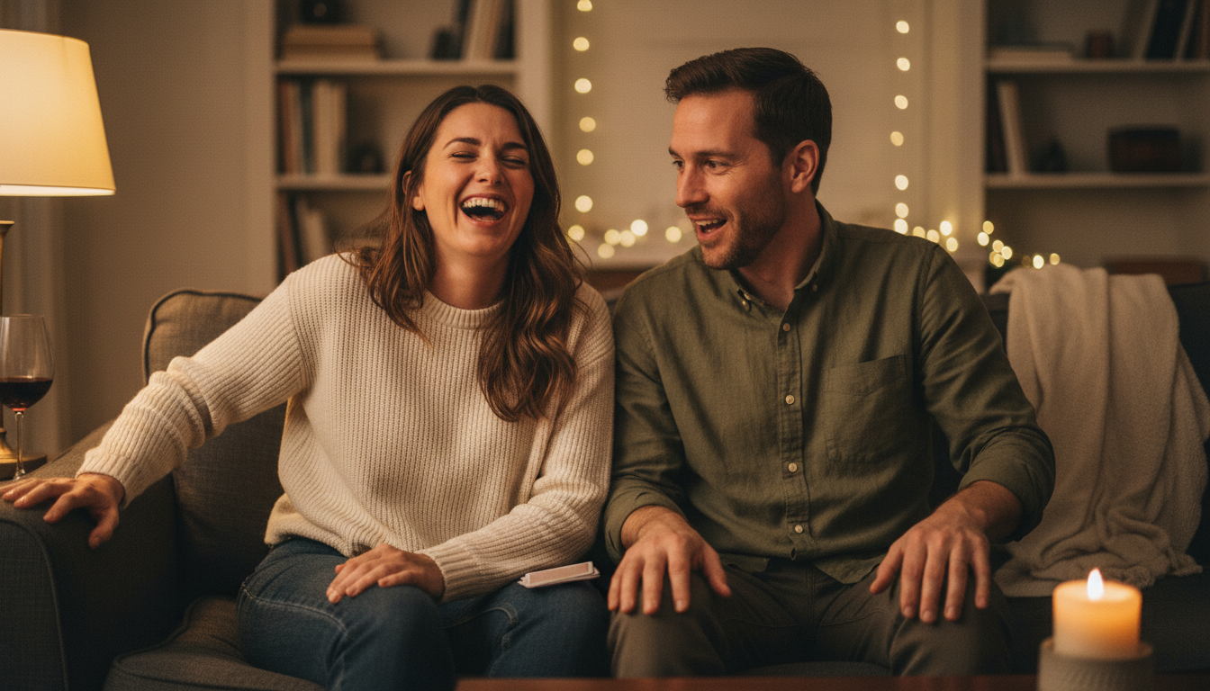 Couple enjoying an intimate card game evening - Oh Happy Games couple games collection