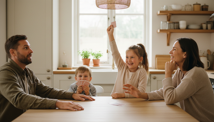 Family playing card games together at kitchen table - Oh Happy Games family games collection