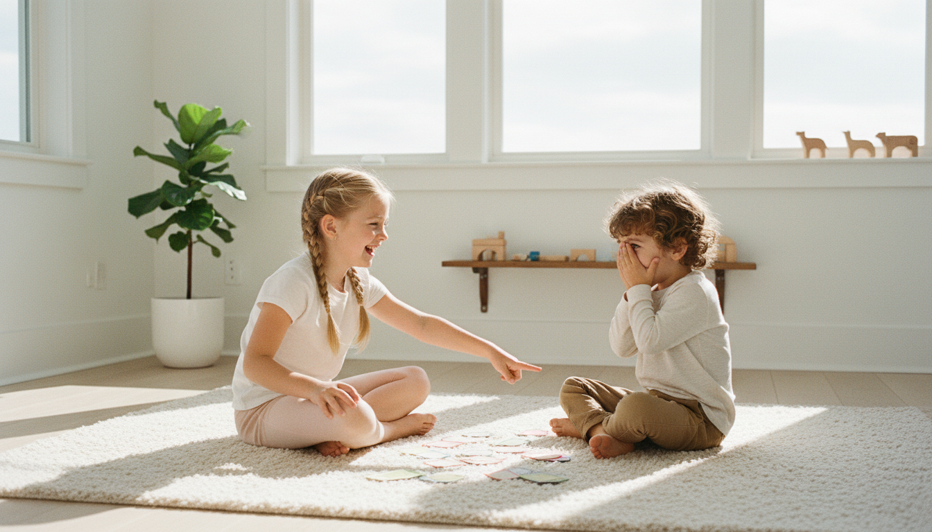 Children playing colorful card games in bright playroom - Oh Happy Games kids games collection