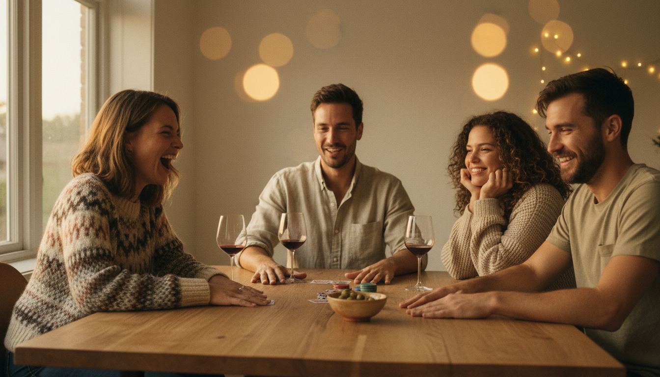 Friends laughing around a table playing card games - Oh Happy Games party games collection