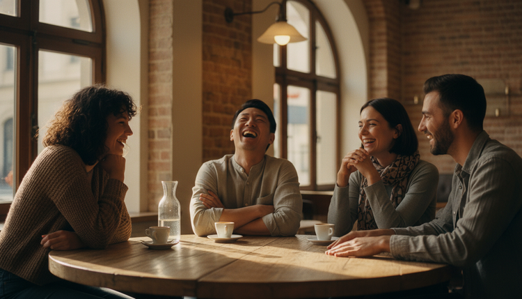 Diverse friends sharing a card game in European cafe - Oh Happy Games international