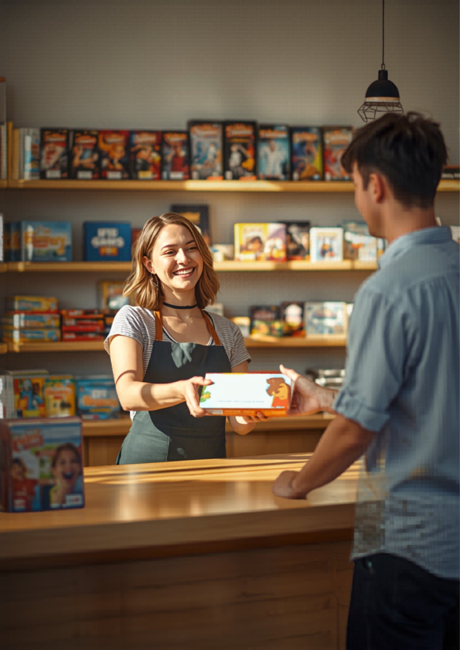 Boutique de jeux de société avec une propriétaire souriante remettant un jeu à un client satisfait